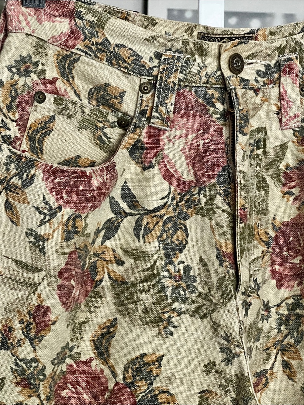 Express EXP Floral Rose Cottagecore Boho Woven Pants Hipster VTG Beige SZ 7/8 - Picture 2 of 11